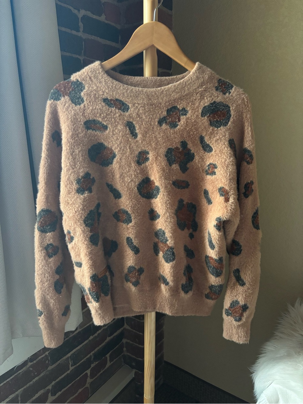 Simply Southern Peach Leopard Crewneck Sweater with Teal & Brown Spots